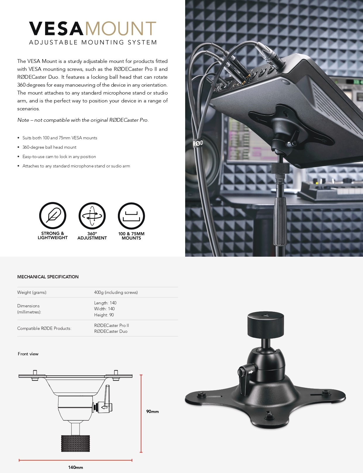 A large marketing image providing additional information about the product Rode VESA Mount - Additional alt info not provided